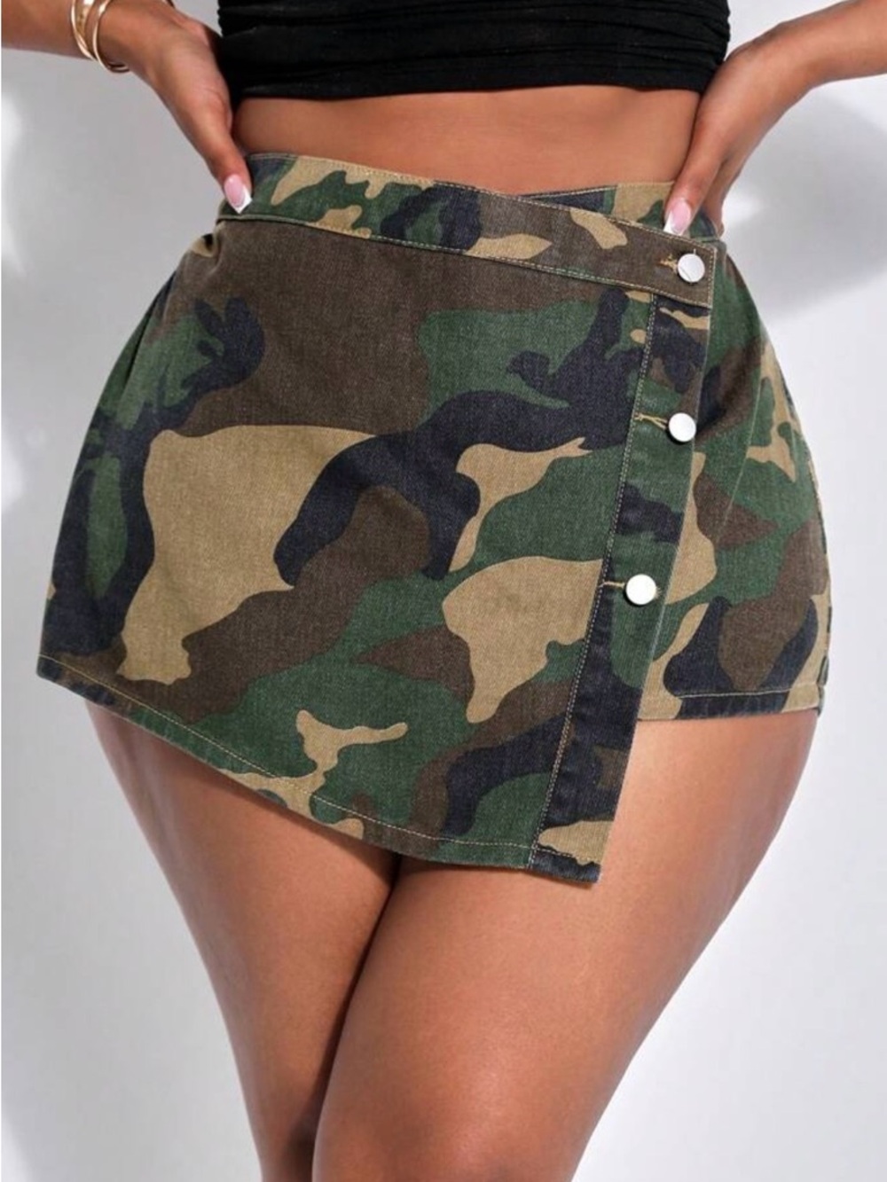 SHEIN Green Camo Asymmetrical Button Skort